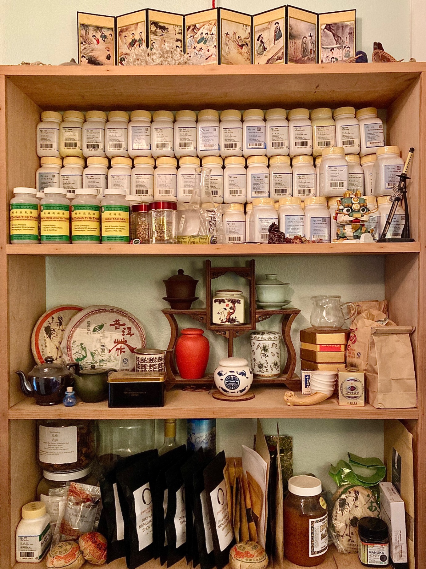 Chinese herb granules and tea shelf at Bellingham Chinese Herbs