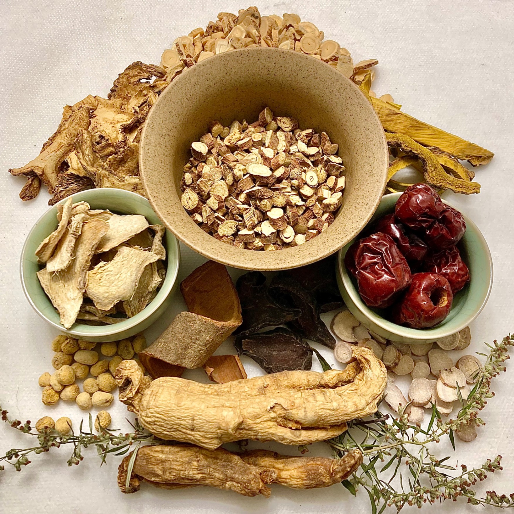 Assorted Chinese herbs including ginseng and dried botanicals