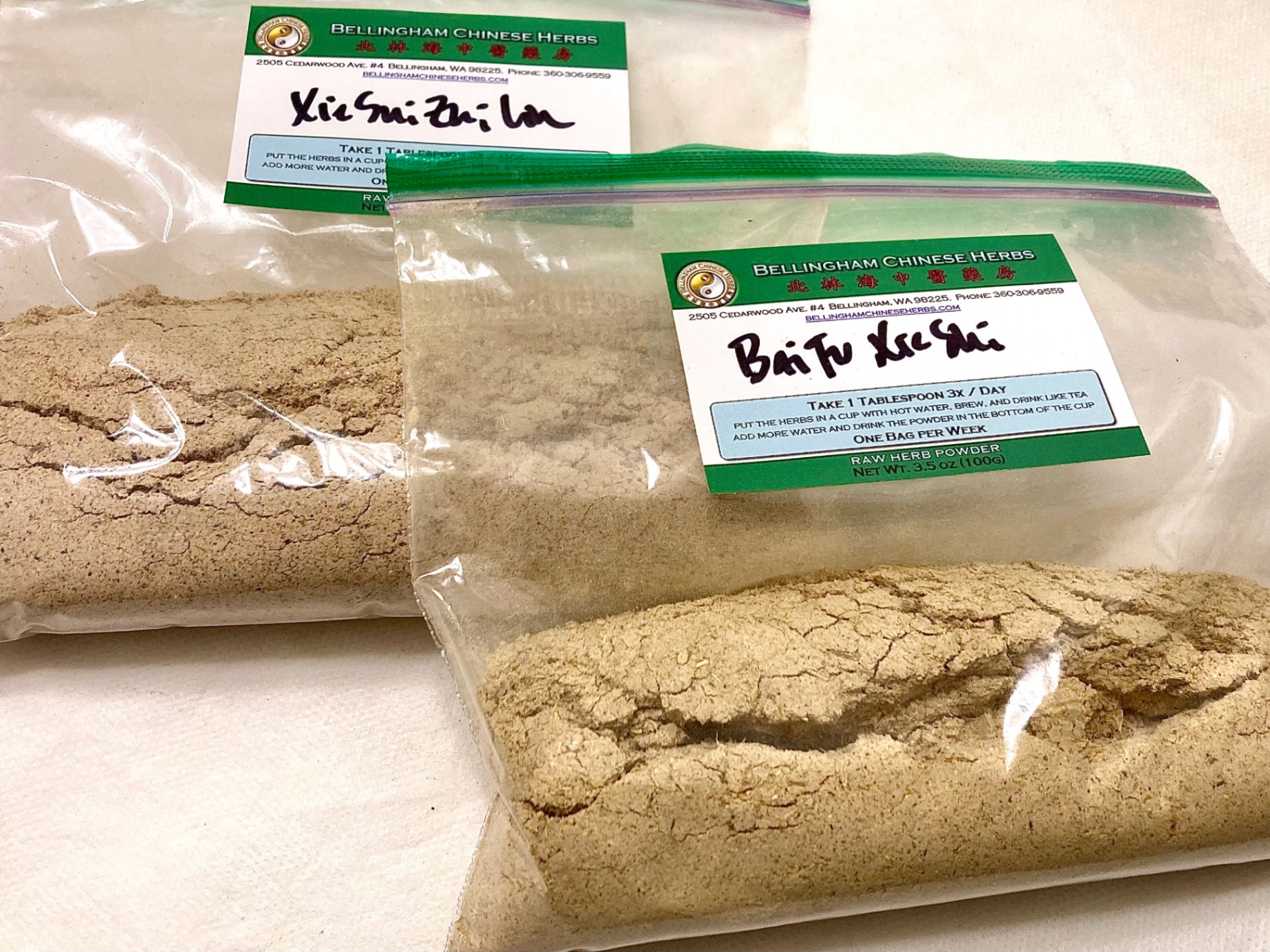 Bellingham Chinese Herbs herb powder bags with prescription labels