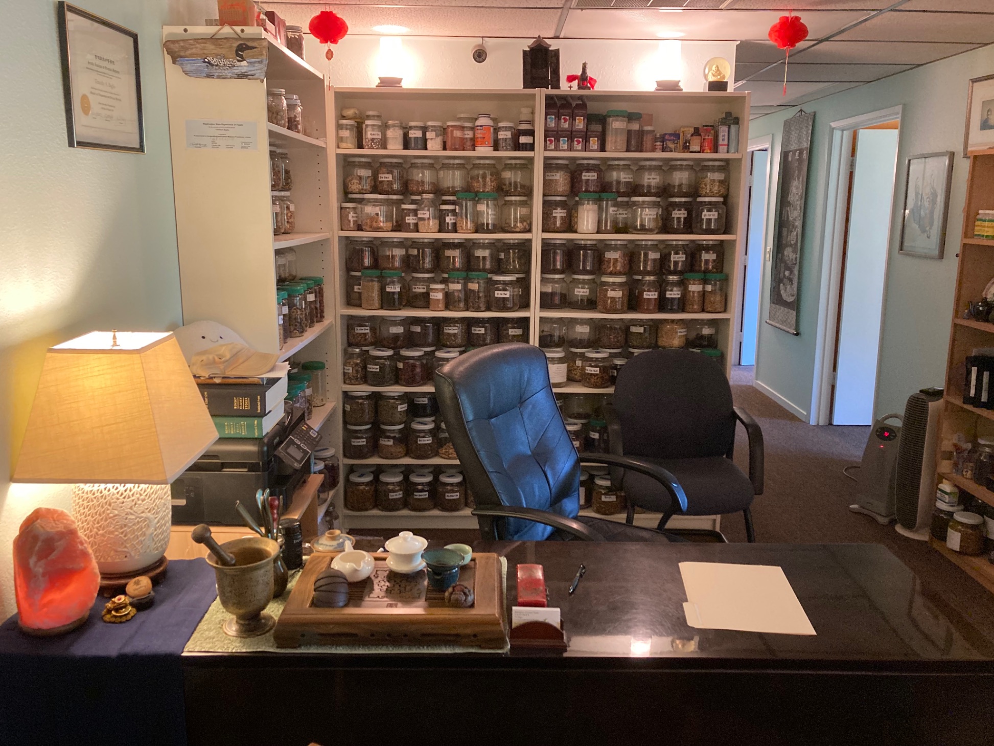 Birchwood Acupuncture reception desk and Chinese herb pharmacy
